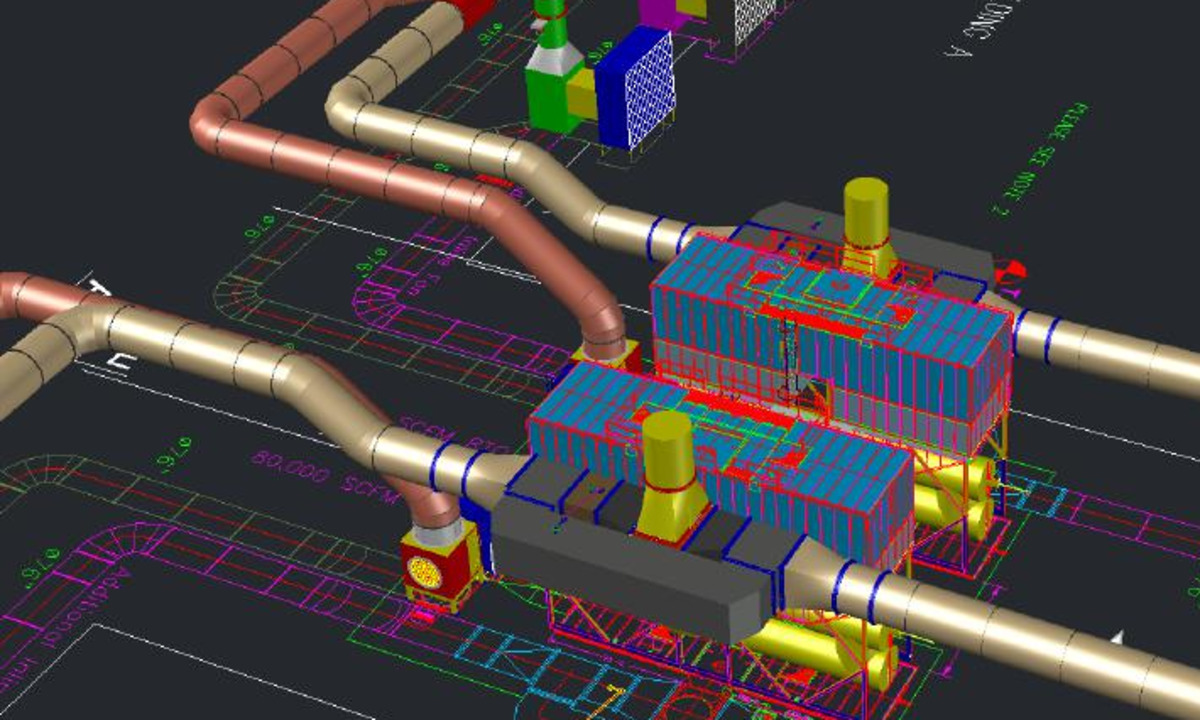 3D engineering layout of industrial thermal equipment with process piping and large ductwork